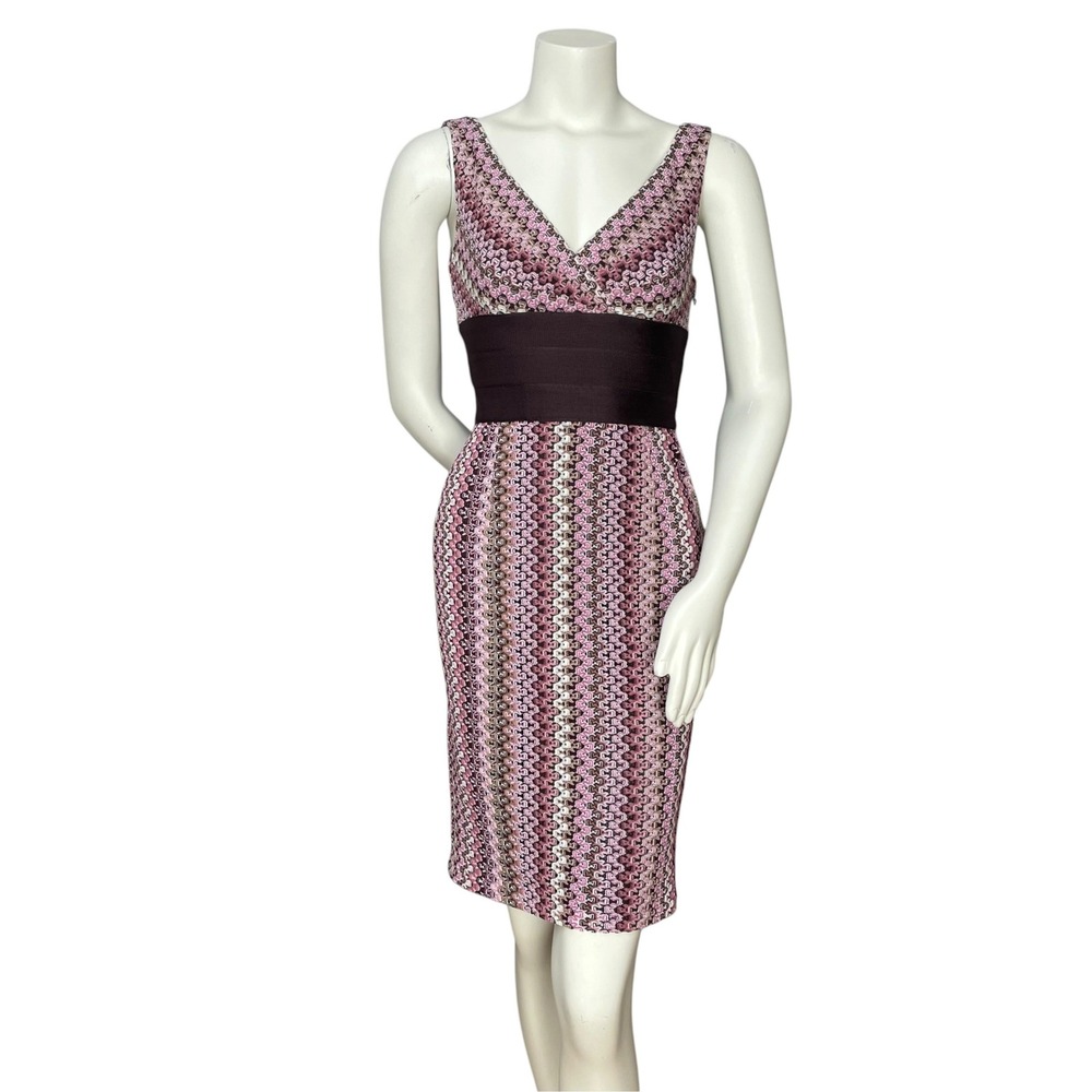 Vintage Kay Unger Crocheted Dress Sheath Pink Brown Chevron Knit V-Neck Size 2